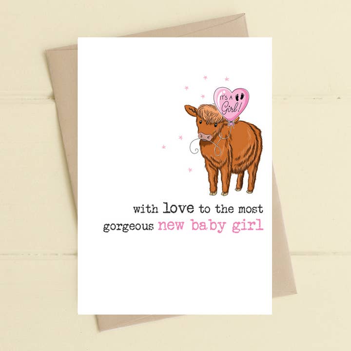 Neues Baby Mädchen - Highland-Kuh - Grußkarte für den Großhandel von Dandelion Stationery
