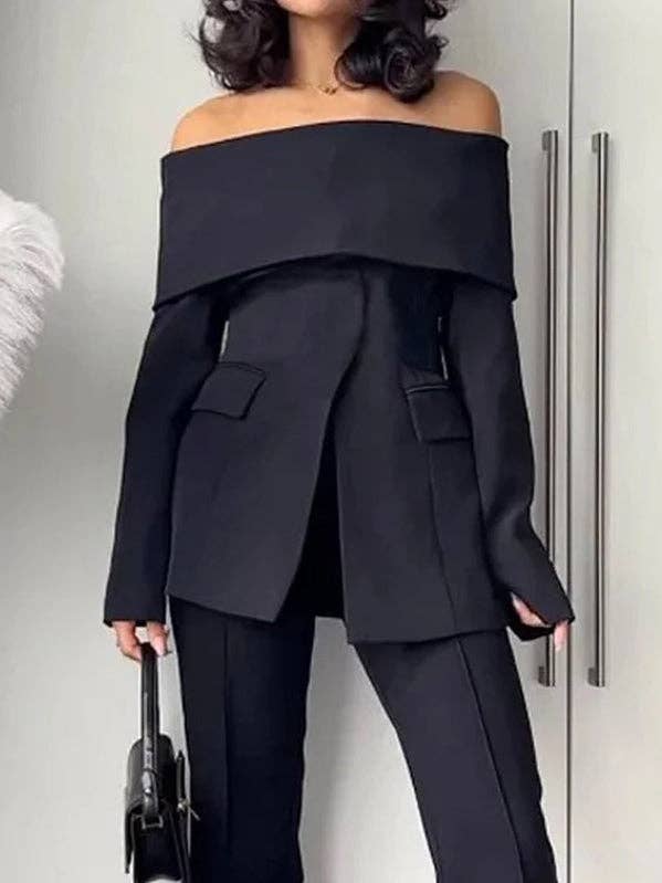 Long Sleeves Solid Color Split-Front Split-Joint Off-The-Shoulder Blazer for wholesale by VividLux