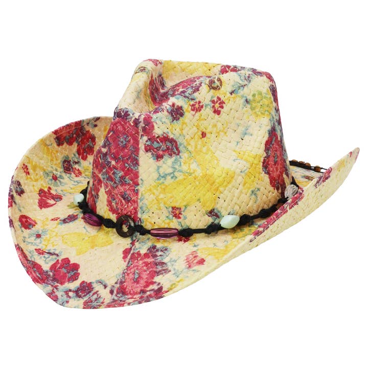 Cap Zone - Wholesale Cowboy Hat - Women's - Floral Print Raffia Straw Cowboy Hat