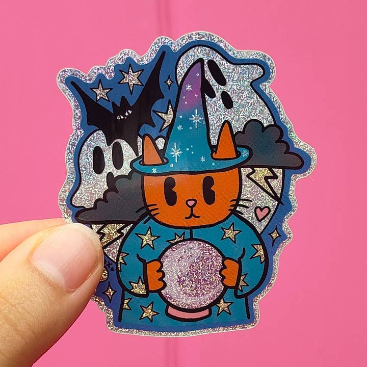 Wizard Cat Summoning Ghosts - Glitter Halloween Sticker for wholesale by Mimo