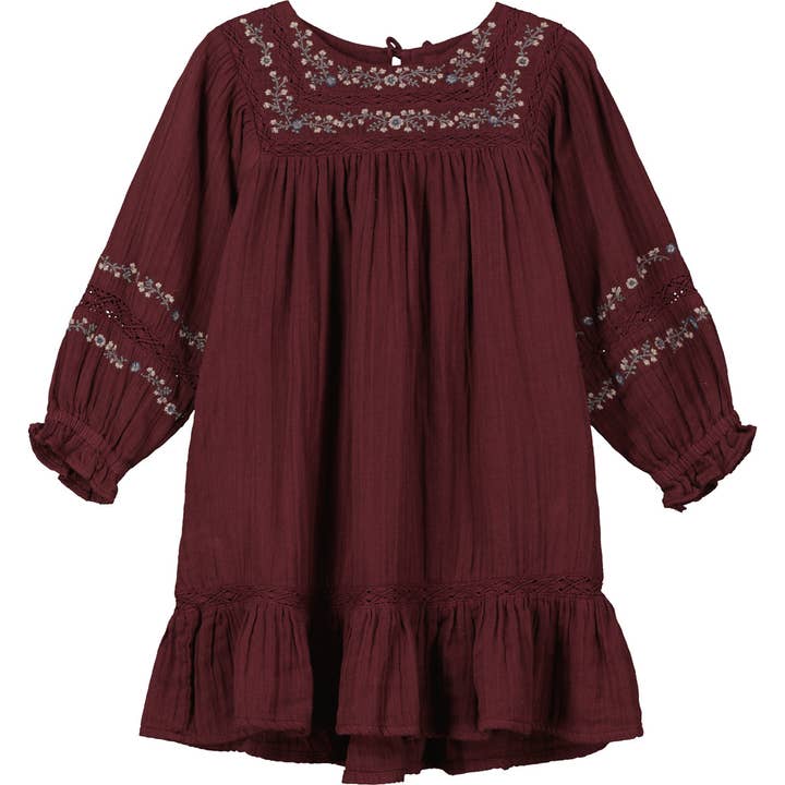 Flower meadow dress in plum for wholesale by Poppet & Fox