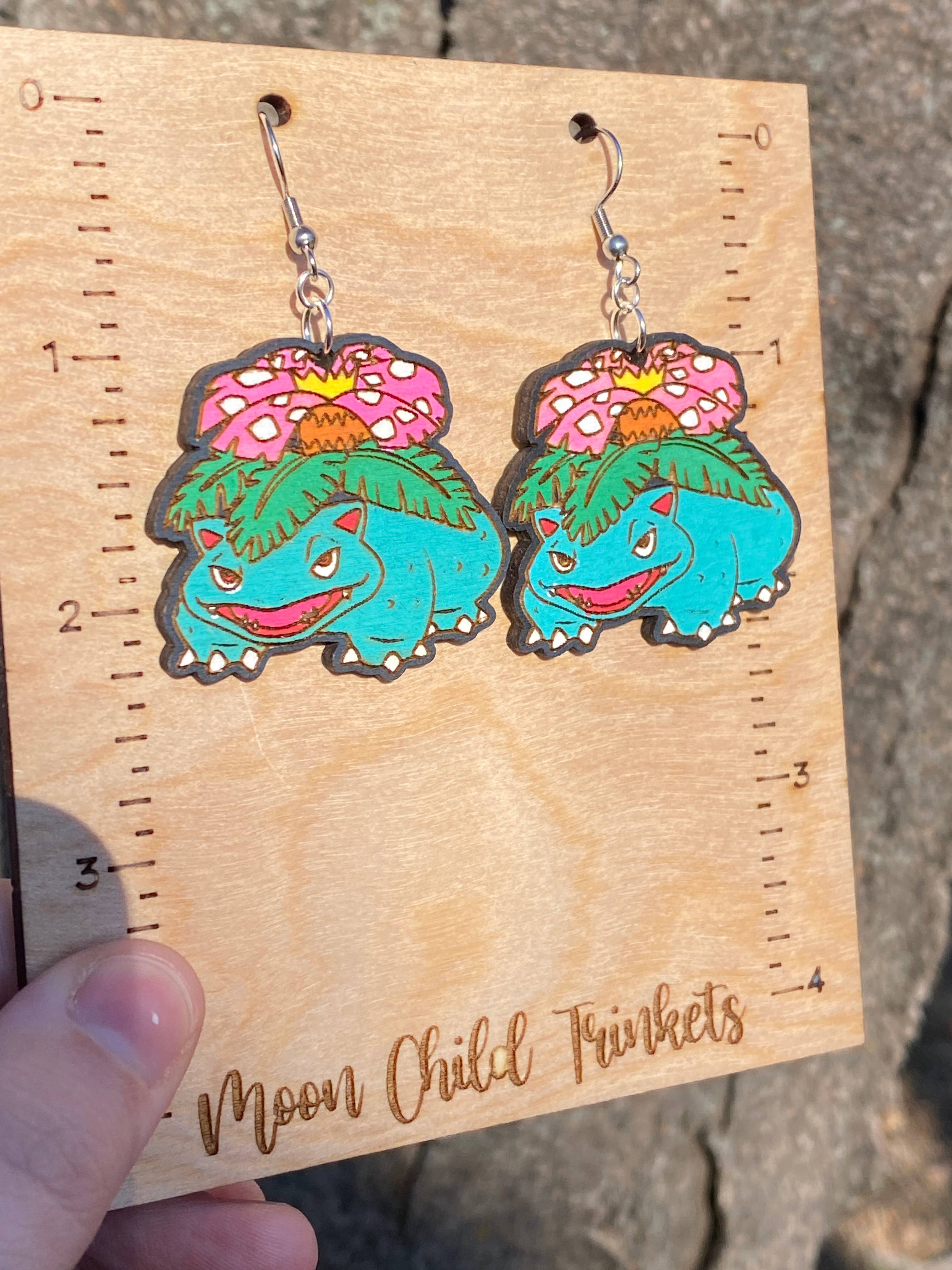 Moon Child Trinkets - Wholesale Dangle Earrings - Venusaur Pokemon Hand Painted Wood Dangle Earrings3