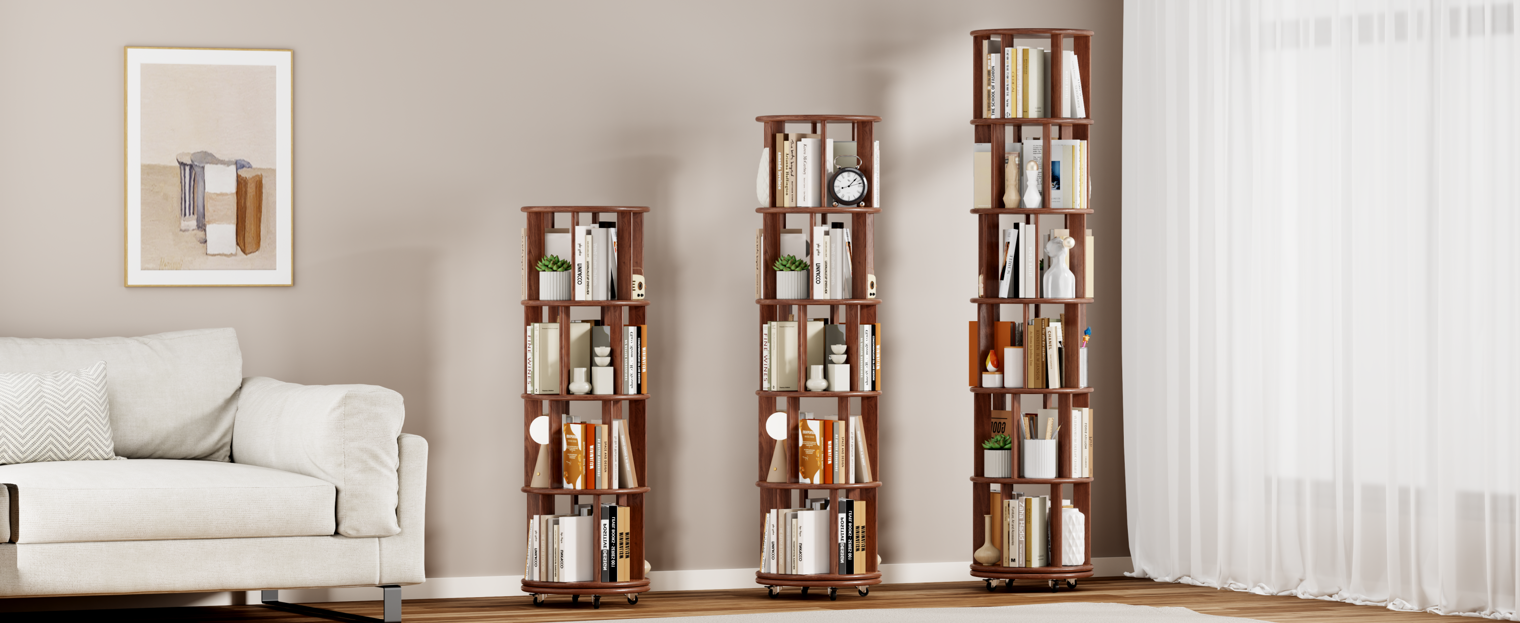 39F Inc. - Wholesale Bookcase - Walnut 4-Tier 100% Solid Wood Rotating Bookshelf with Wheel6