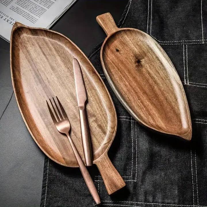 Huis Van Merken - Wholesale Serving Tray - Acacia Wood Leaf Tray with Handle – Rustic Serving Plate for Breakfast & Dessert