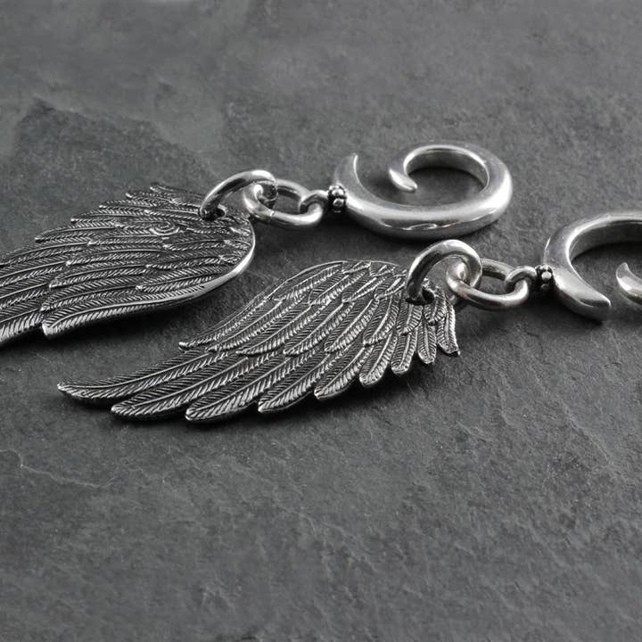 Angel Wing Gauged Spiral Earrings - Silver for wholesale by Lost Apostle