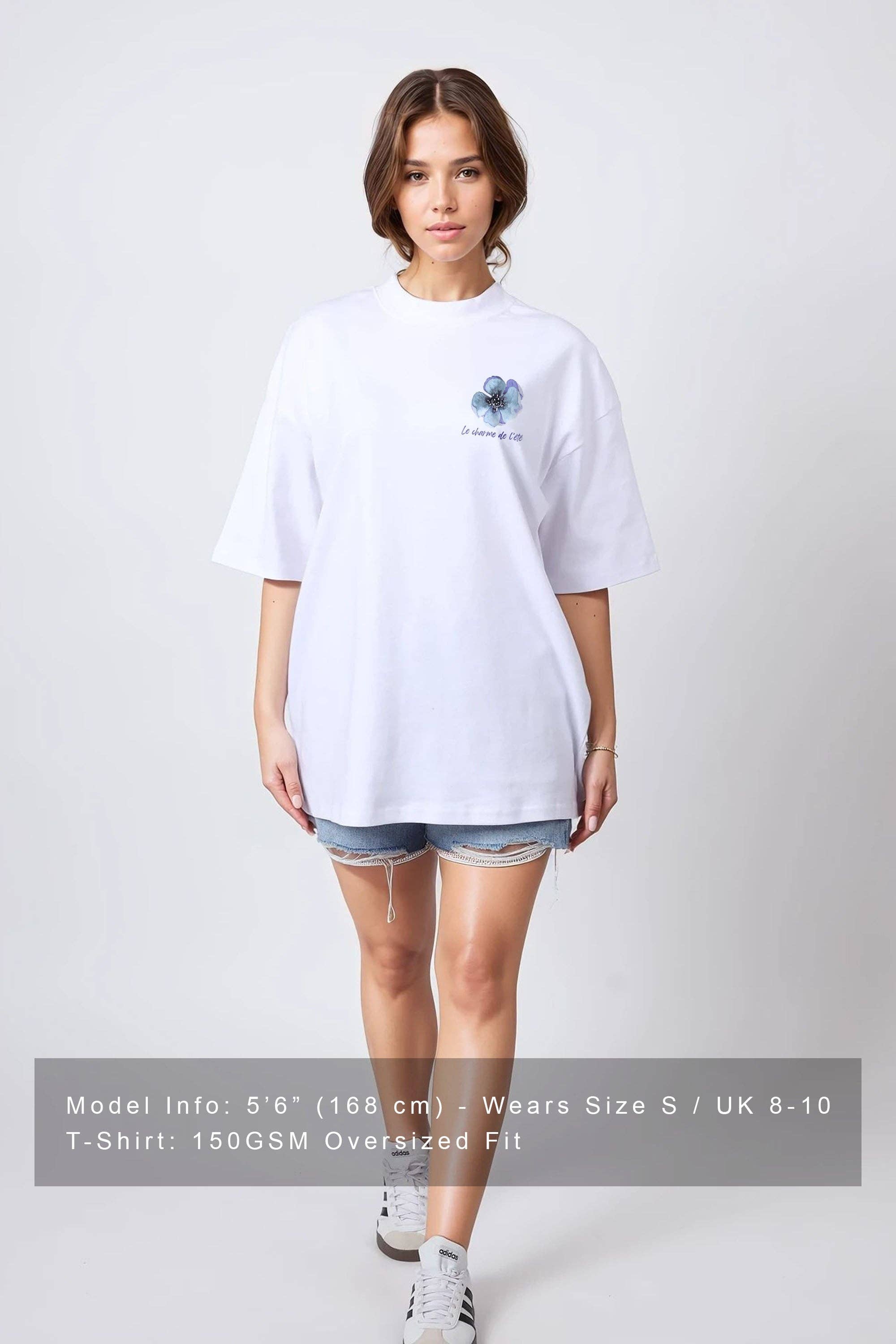 White Women 150GSM Oversized T-Shirt in Le Charm De Floral Print for wholesale on Faire2