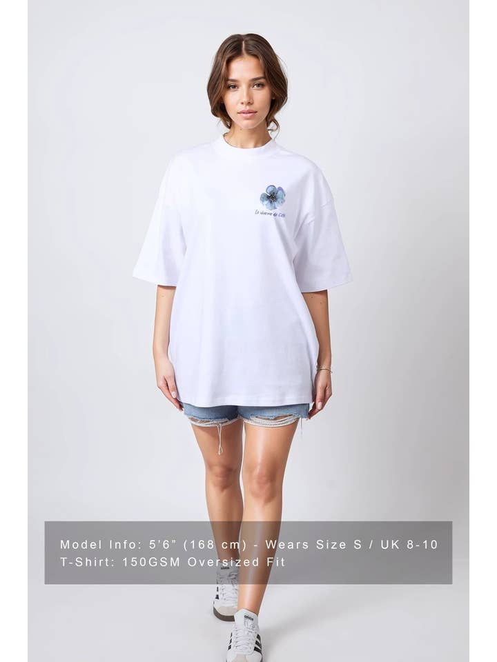 White Women 150GSM Oversized T-Shirt in Le Charm De Floral Print for wholesale on Faire2