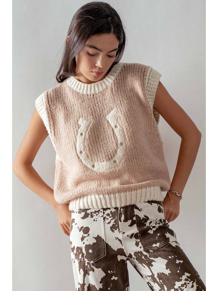 Urban Daizy - Wholesale Sweater Vest - Women's - Western Horseshoe Crochet Knit Ribbed Trim Sweater Vest4