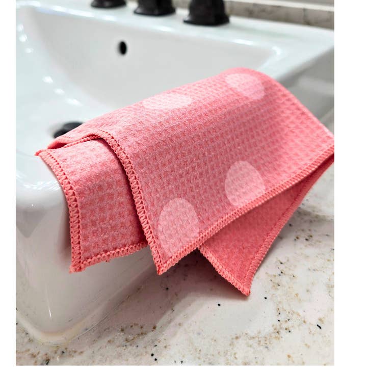 Polka Dot Pink Microfiber Washcloth - Waffle Weave 12x12" for wholesale by Berry Sweet Towels