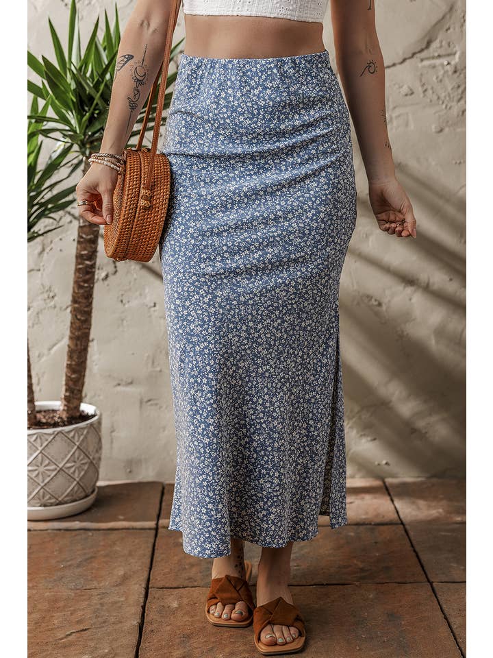 Sky Blue LDC Boho Floral High Waist Long Skirt with Side Split for wholesale on Faire