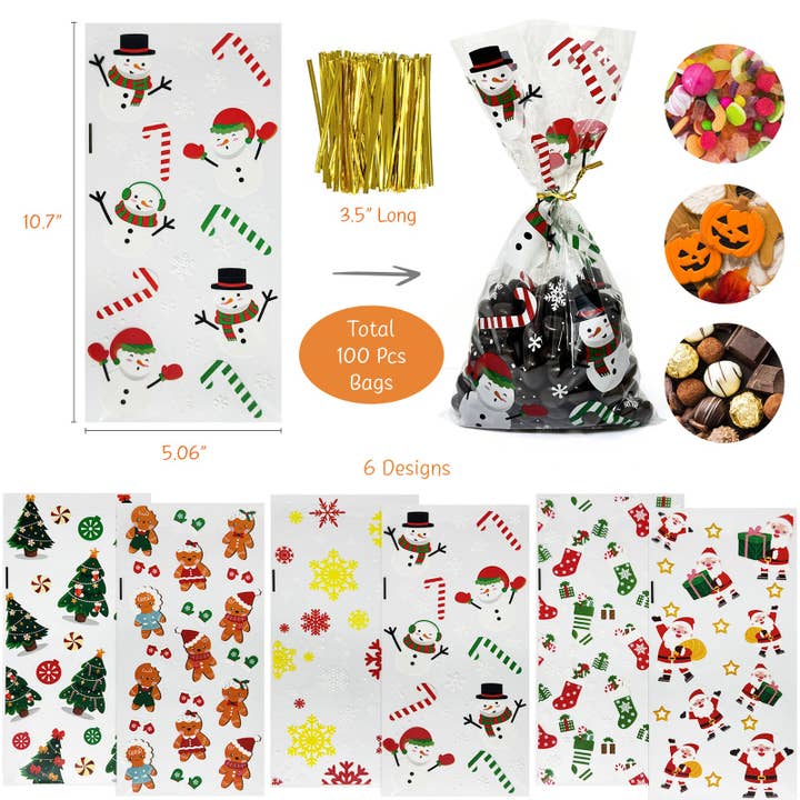 Wrapables.com - Wholesale Gift Bag - Wrapables 100pcs Christmas Cellophane Treat Bags and Ties