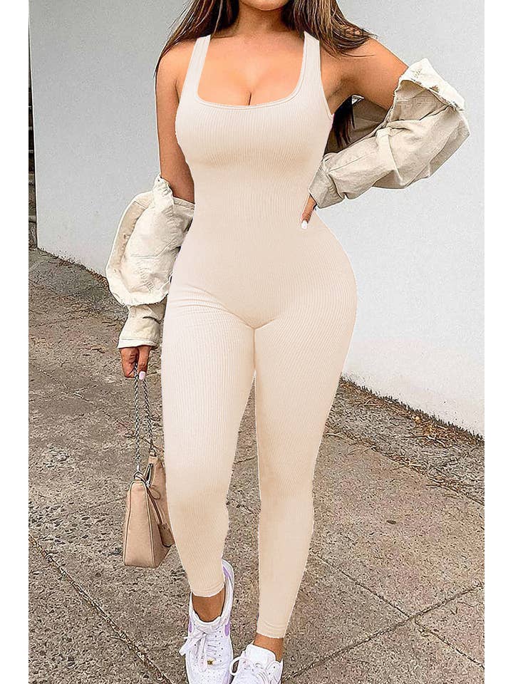 Color 5 - Wholesale Unitard - Women's - Bone off white seamless ribbed fitted tank style jumpsuit