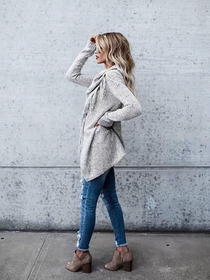 Space Gray Elegant Women's Cowl Neck Tunic Sweater - Birds Eye Knit Top with Fringe Hem, Perfect for Fall and Winter Season, Cozy and Stylish Clothing for Ladies for wholesale on Faire