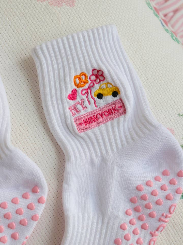 NY Pink Themed Grip Socks for wholesale by Colorful Natalie