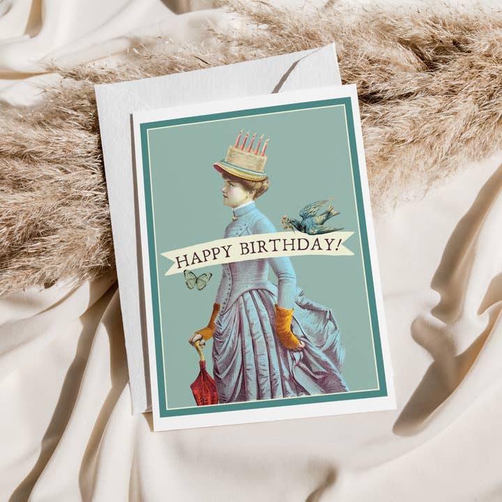 Cheerful Whimsies - Wholesale Birthday Card - Greeting Card. Happy Birthday! Vintage Woman With Cake Hat.2