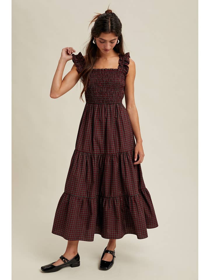 GINGHAM RUFFLE SLEEVE TIERED MIDI DRESS / WL25-10836 for wholesale by Wishlist Apparel