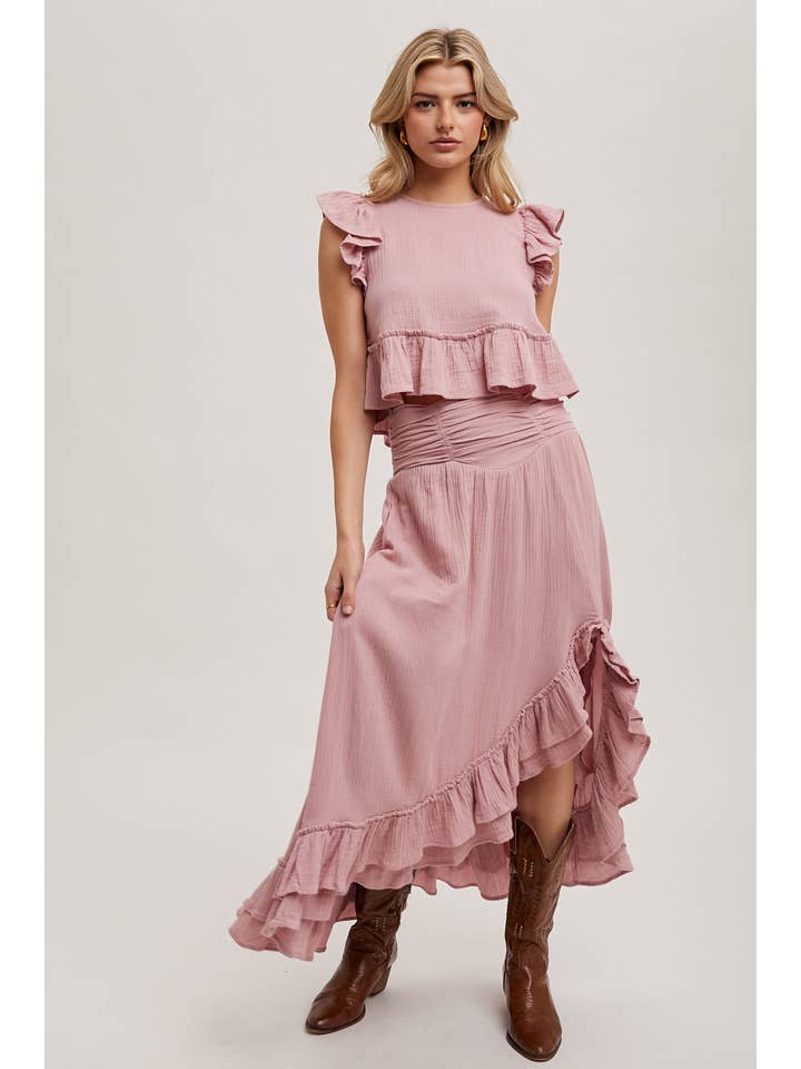 Bluivy – Großhandel Set aus Oberteil und Rock – Damen – MINIROCK-SET MIT CROP TOP UND SEITENSCHLITZ MIT RÜSCHENBESATZ10