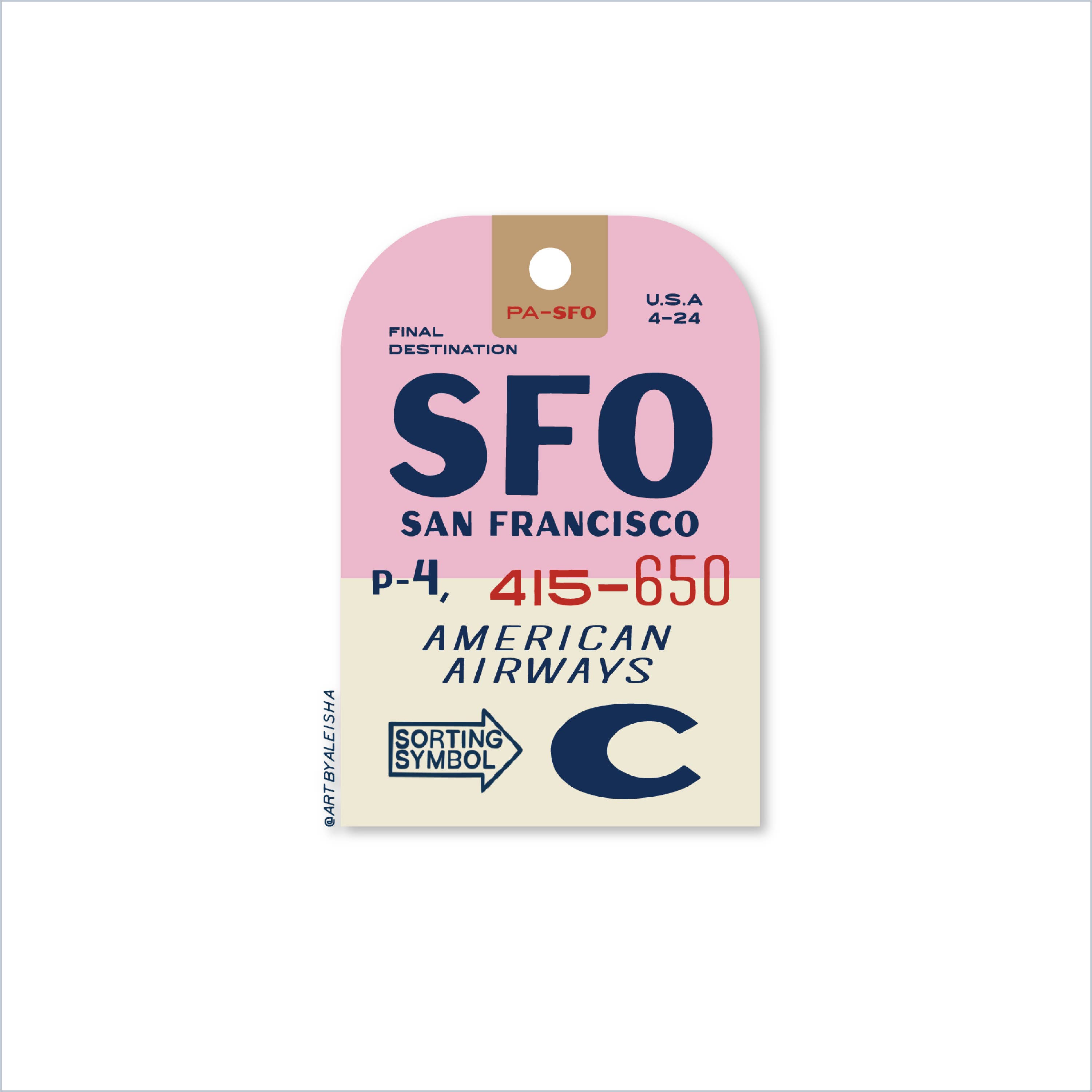 By Aleisha - Wholesale Sticker - Vintage SFO Luggage Tag Die Cut Sticker