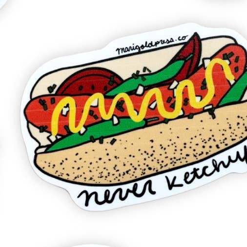 Chicago Hot Dog ”Never Ketchup” Vinylklistermärke för wholesale av Marigold Press