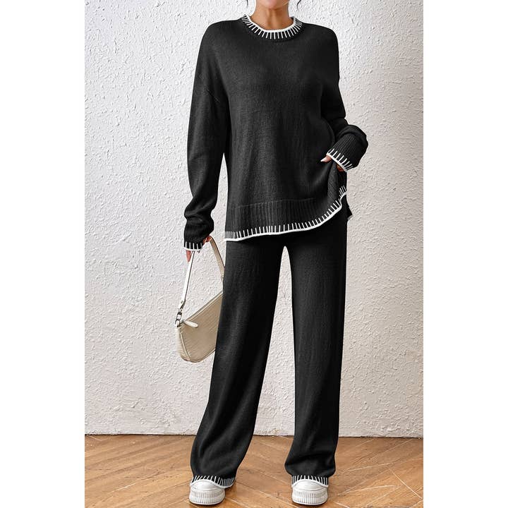 Supreme Fashion - Wholesale Lounge Set - Women's - Knit Color Block Loose Edged Sweater And Pant Set