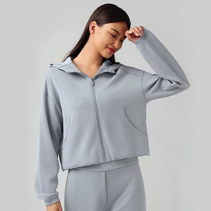 Women Solid Fitness Top Full Zipper Pockets Sports Hoodie for wholesale by Sodalemon