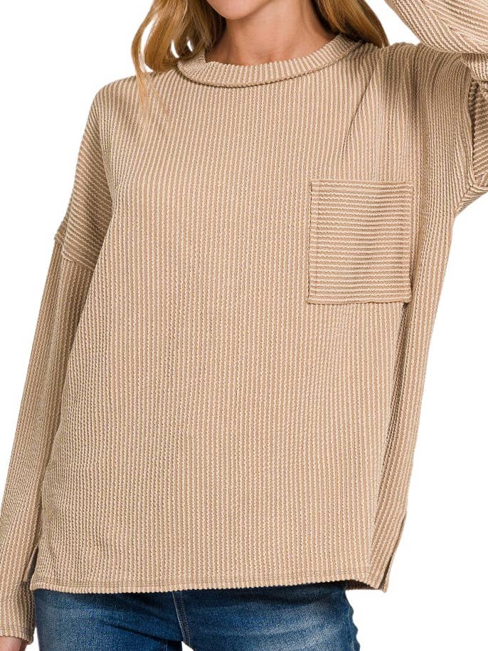 Corded Rib Long Sleeve Drop Shoulder Top for wholesale by Vanilla Monkey