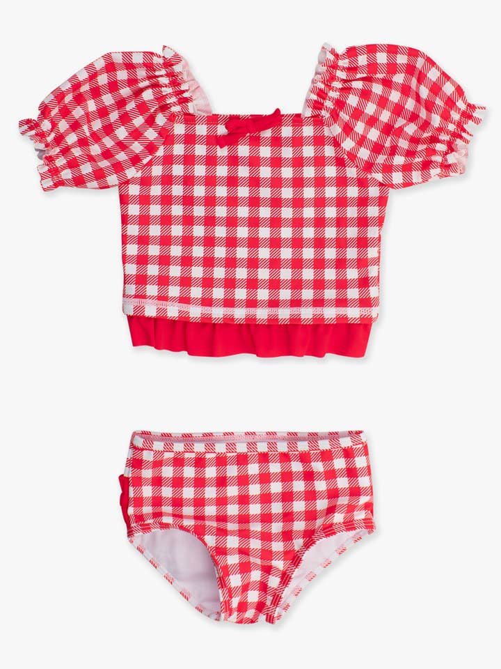 Rød Piger Vintage Rød Gingham Puff Ærme Flæse Tankini 2-delt Badedragt med Signatur Bagflæser for engroshandel på Faire1