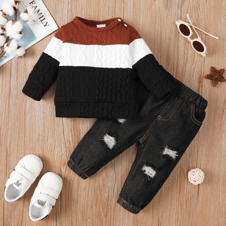 Baby Boy 2-Piece Cotton Jeans & Colorblock Sweatshirt for wholesale by PatPat