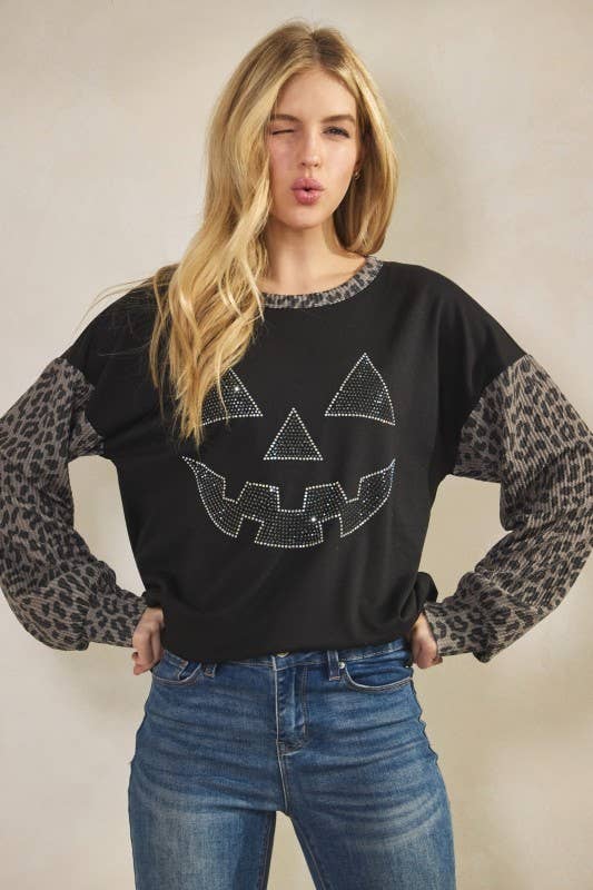 Sunday Morning - Wholesale Tunic - Women's - T0677HE12-Rhinestone Pumpkin Animal Contrast Top1