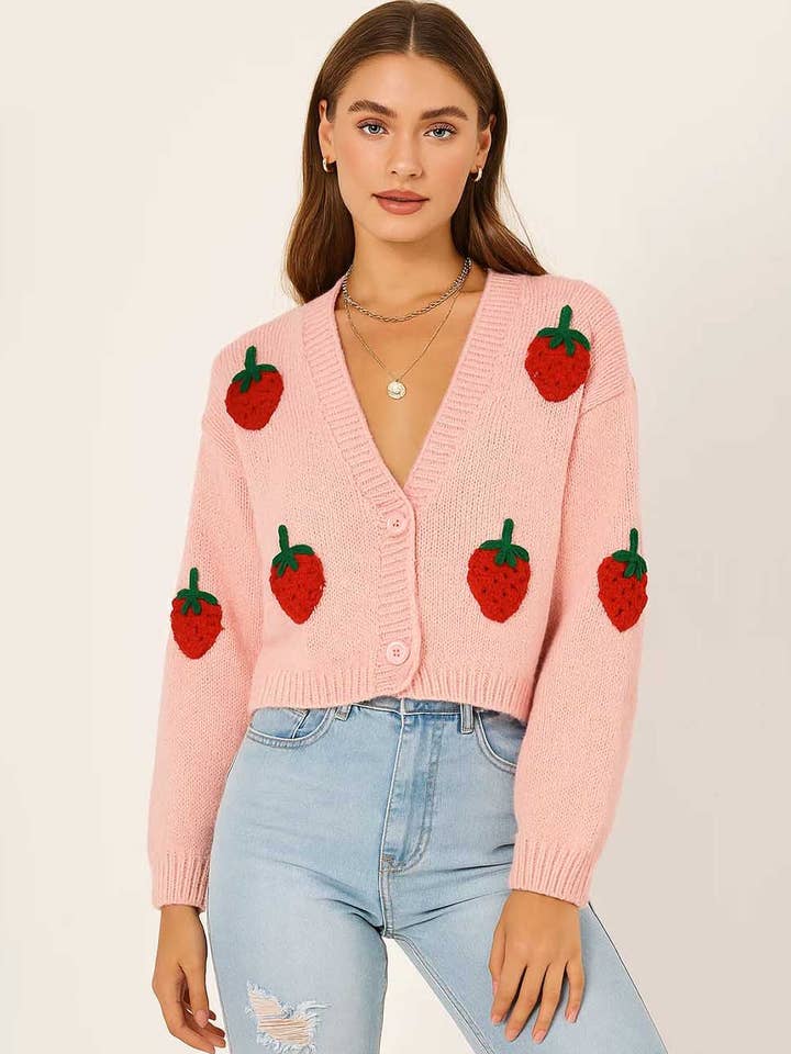 Ladies V-Neck Long Sleeves Strawberry Pattern Button Cardigan for wholesale by Sweetkama