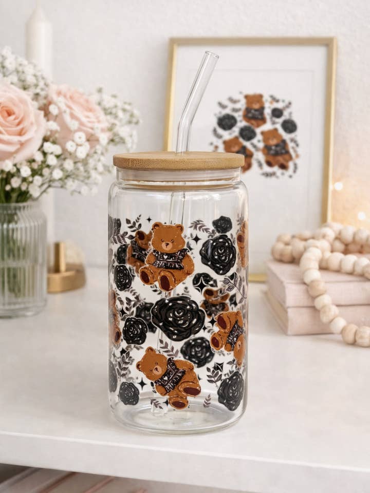 Gobelet en verre à double face avec ours noirs de la Saint-Valentin + couvercle et paille pour la vente par the cute cloud