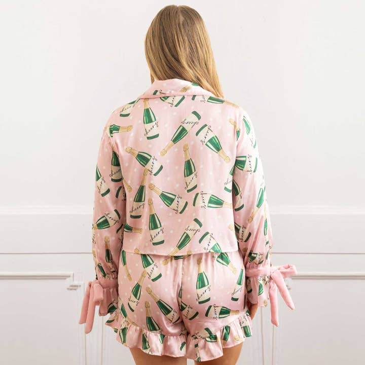 8 Oak Lane - Wholesale Sleepwear Set - Women's - Champagne Dot Satin Ruffle Short PJ Set