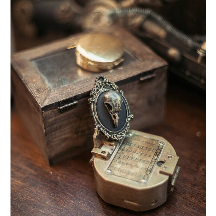 Costurero Real – Großhandel Broschen – Bronzene Brosche mit Raben-Schädel, Cameo Schmuck, gotisch-viktorianisch2