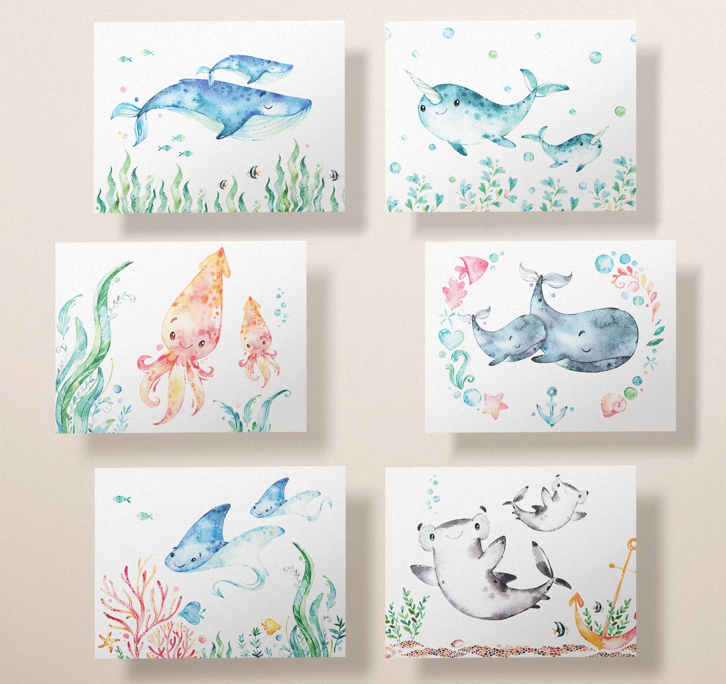 Twigs Paper - Wholesale Stationery/Notecard Set - Ocean Animals Greeting Card Set | Assorted Notecards1