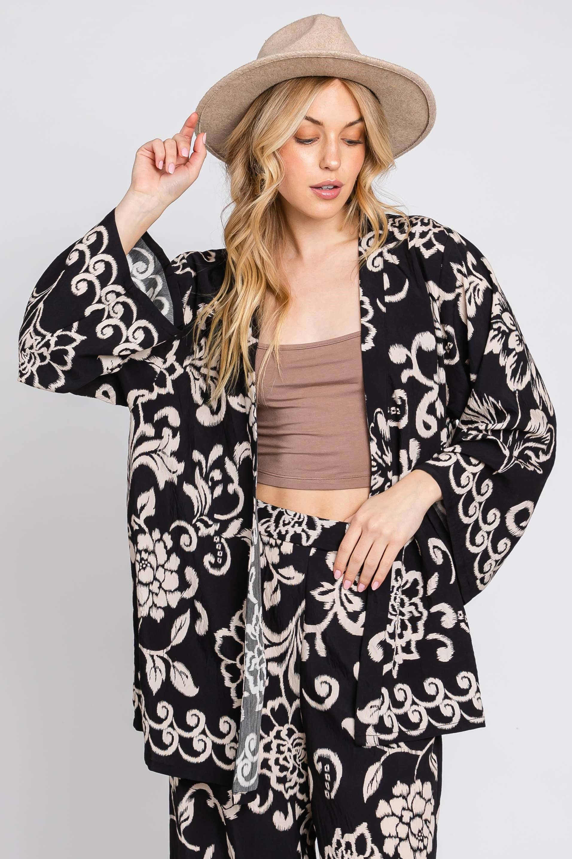 Black Floral Kimino Jacket 3370J-1 for wholesale on Faire2