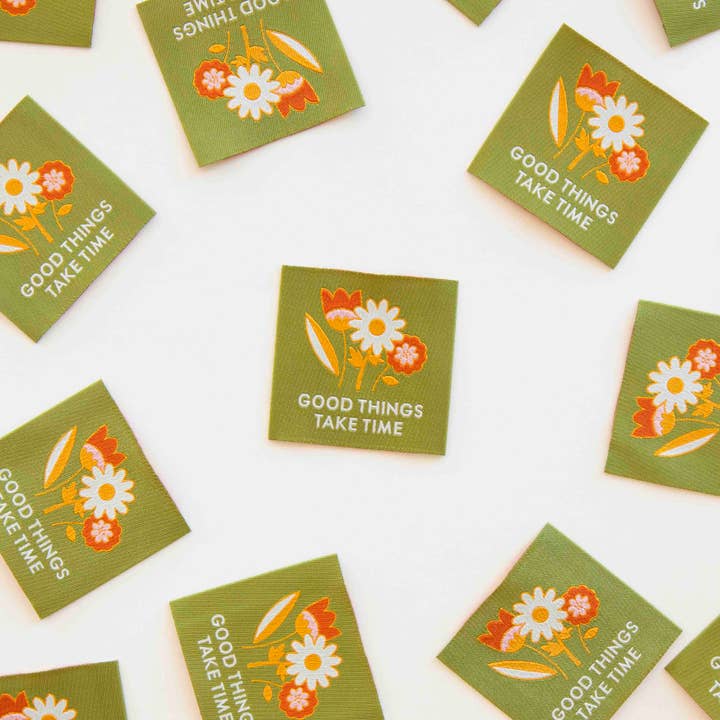 Sarah Hearts - Wholesale Craft Supplies - Good Things Take Time Woven Sewing and Quilting Labels1