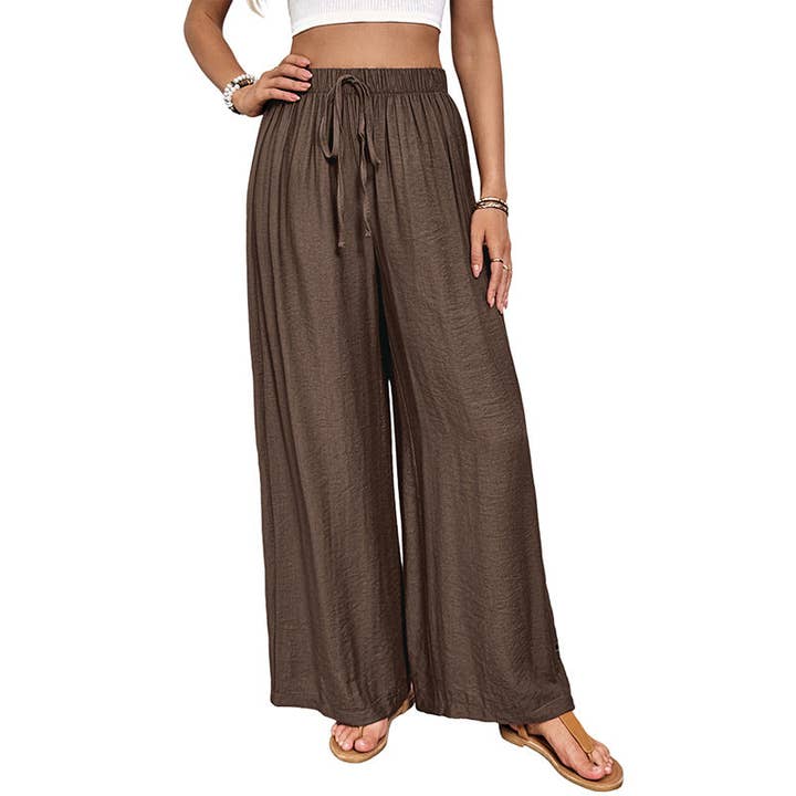 Brown Lace-Up Embroidered Solid Color Wide-Leg Pants for wholesale on Faire1