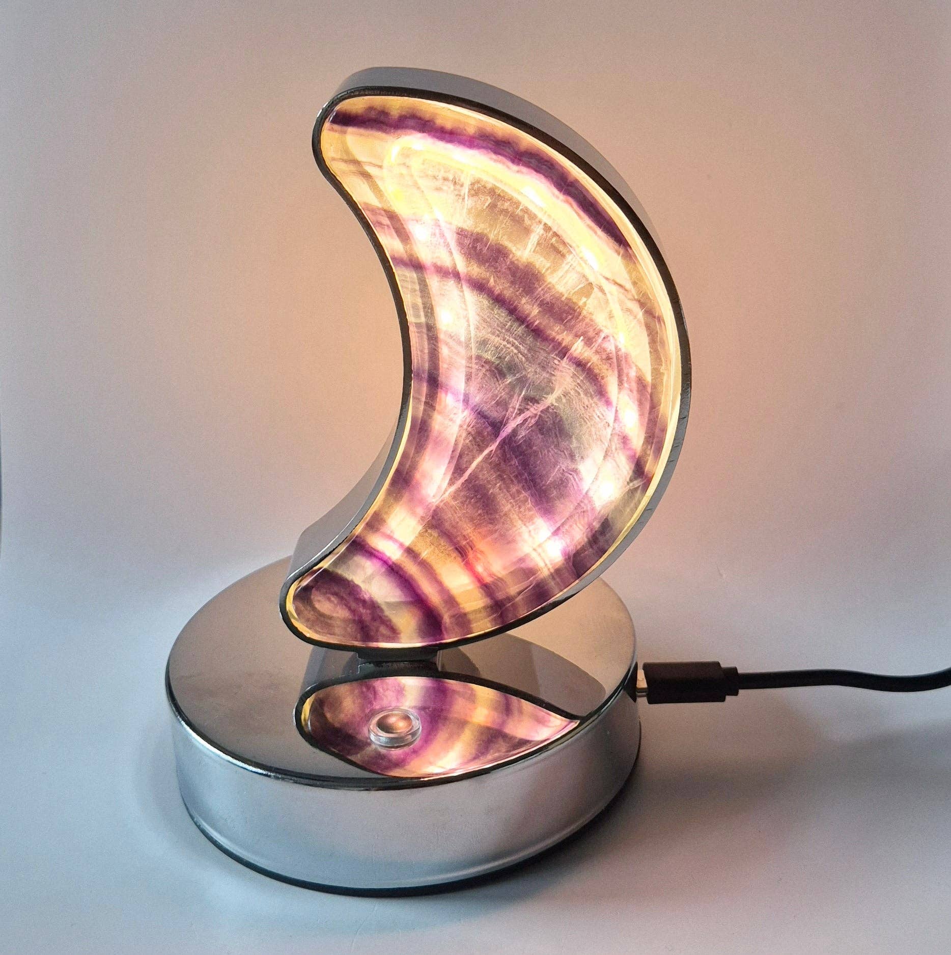 Moonlight Gemstones - Wholesale Accent/Desk Lamp - Candy Fluorite moon lamp on silver-colored base – with dimmable LED & USB connection5
