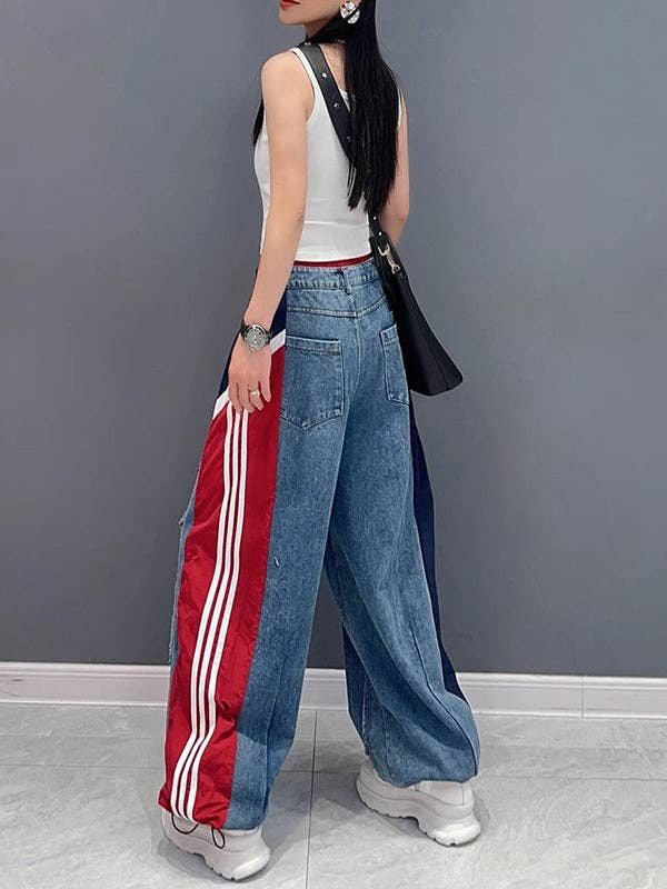 VividLux - Wholesale Jeans - Women's - Loose Wide Leg Contrast Color Drawstring Elasticity Fringed Split-Joint Jean Pants Bottoms11