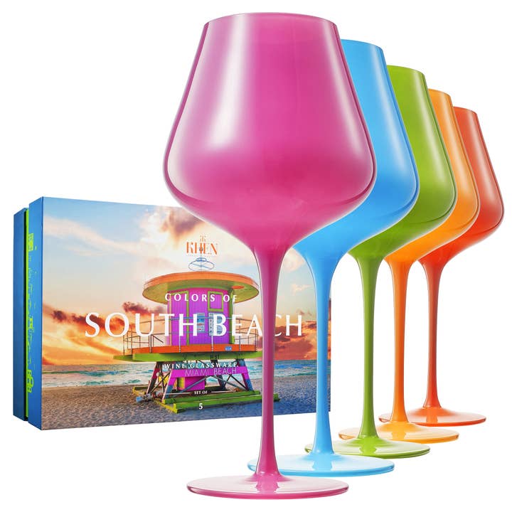 The Wine Savant / Khen Glassware - Wholesale Wine Glass - Colors of South Beach, Miami, City Wine Glass | 5 Set, 20 OZ
