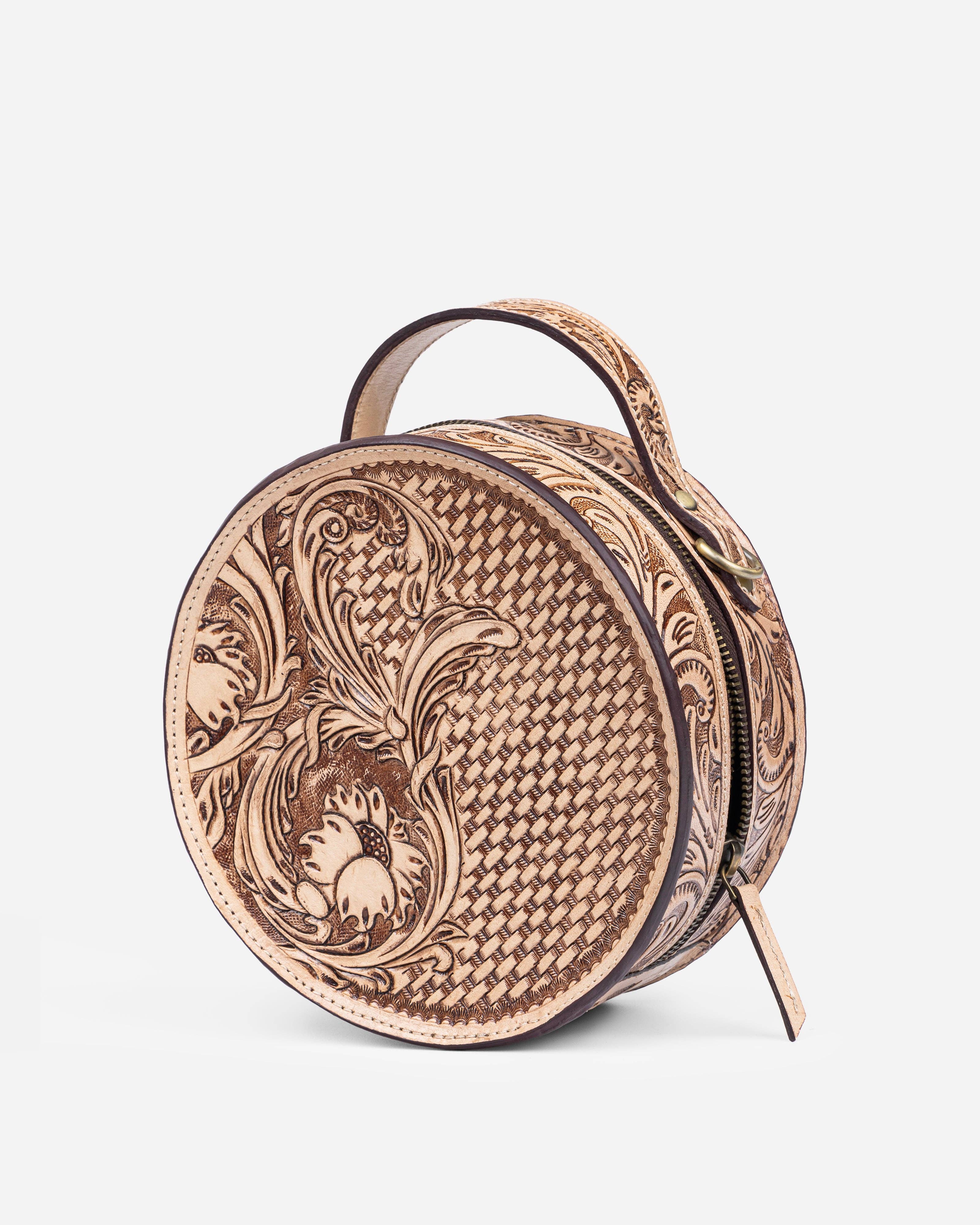 House of Kraft Jewelry & Accessories - Wholesale Top Handle Bag - Women's - Woven Petals Design | Brown Leather Bag | Round Bag1