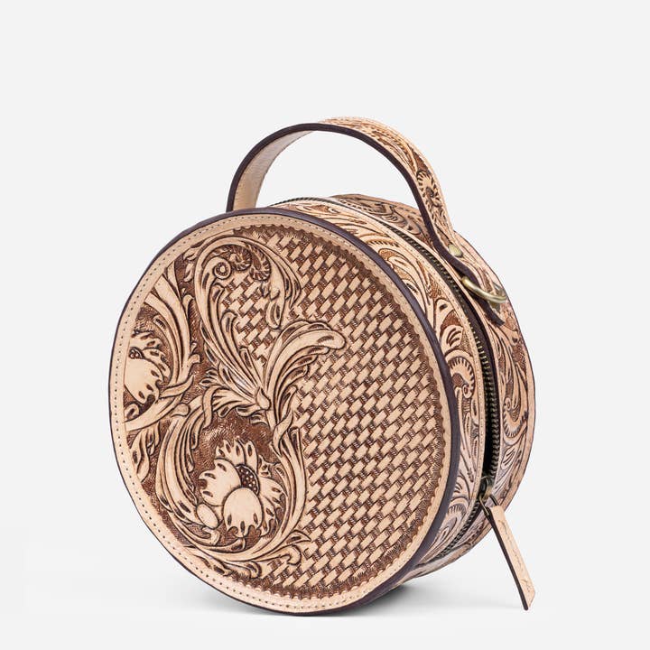 House of Kraft Jewelry & Accessories - Wholesale Top Handle Bag - Women's - Woven Petals Design | Brown Leather Bag | Round Bag1