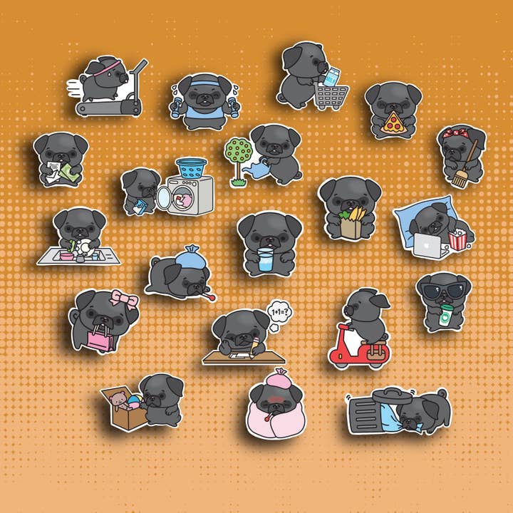 Black Pug Sticker Set for wholesale by Colour Me Fun