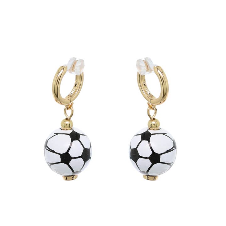 SP Sophia Collection - Wholesale Dangle Earrings - Soccer Ball Charm Mini Hoop Dangle Earrings