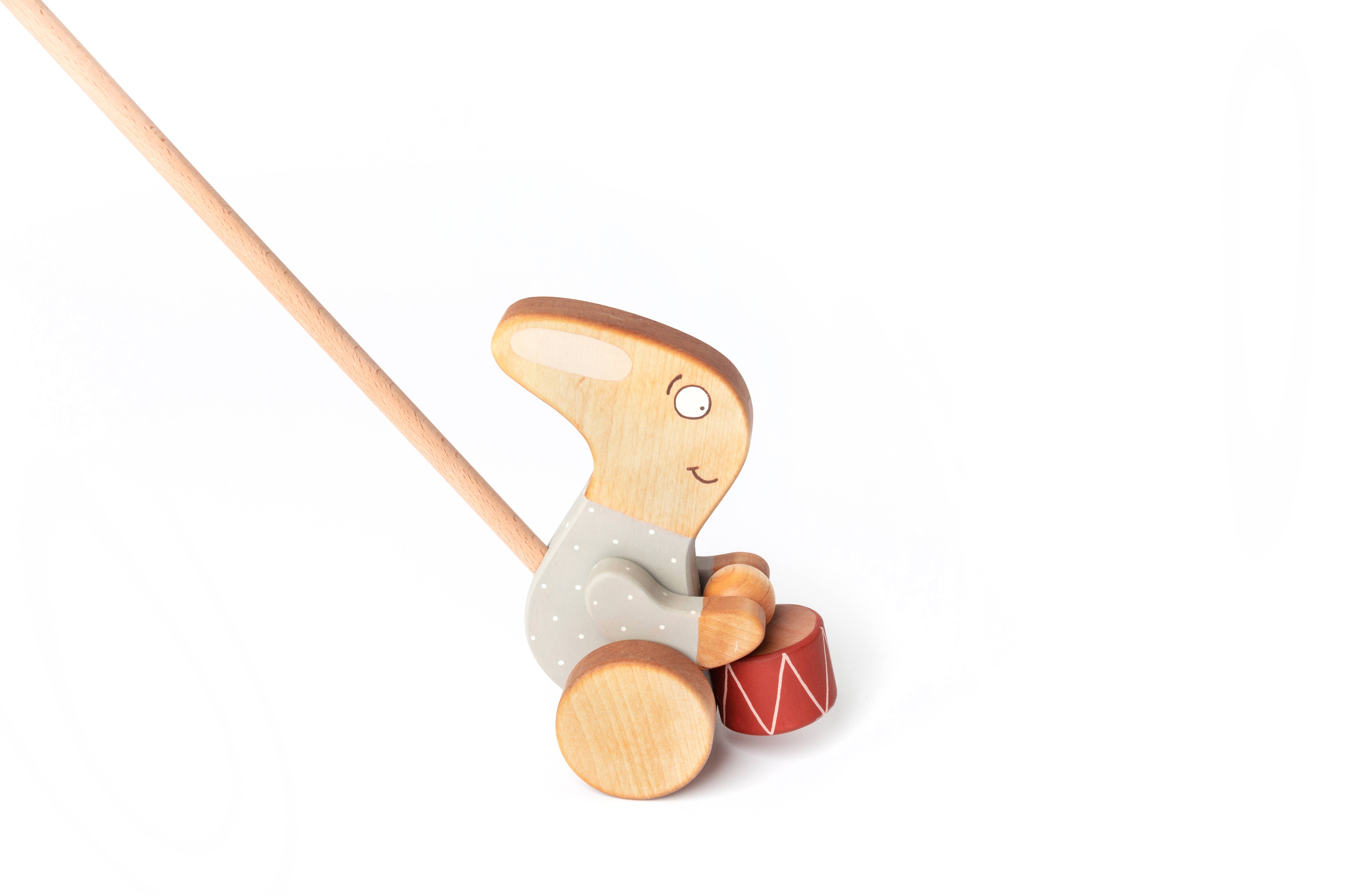 Friendly Toys - Wholesale Wood Toy - Kids - Handmade Wooden Toy, Rabbit with a Drum Push Toy1