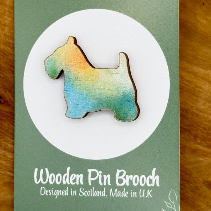 Scottie Dog Wooden Brooch Pin - multi green for wholesale by Havens Treasures