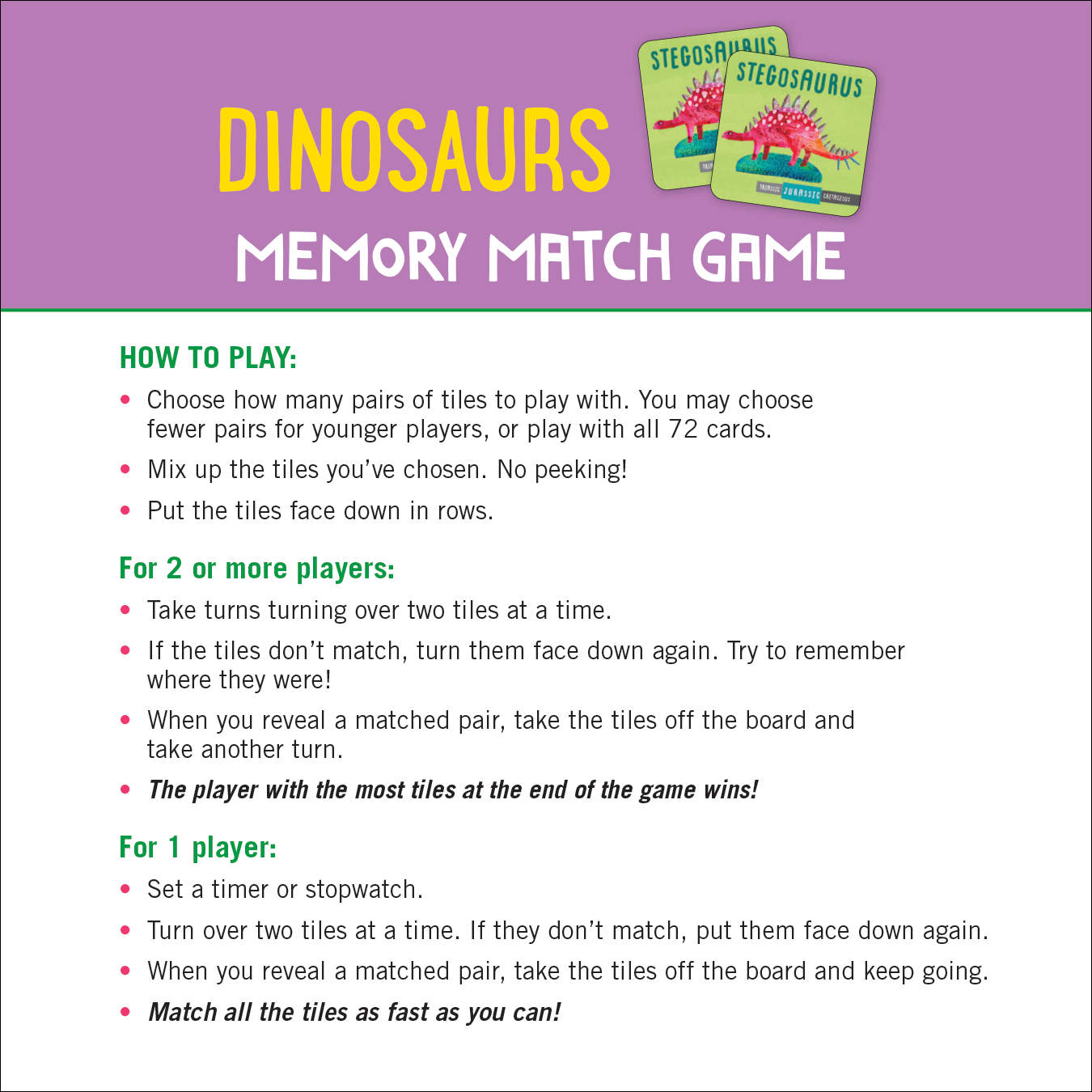 Peter Pauper Press - Wholesale Learning Cards - Kids & Baby - Dinosaurs Memory Match Game (Set of 72 cards)3
