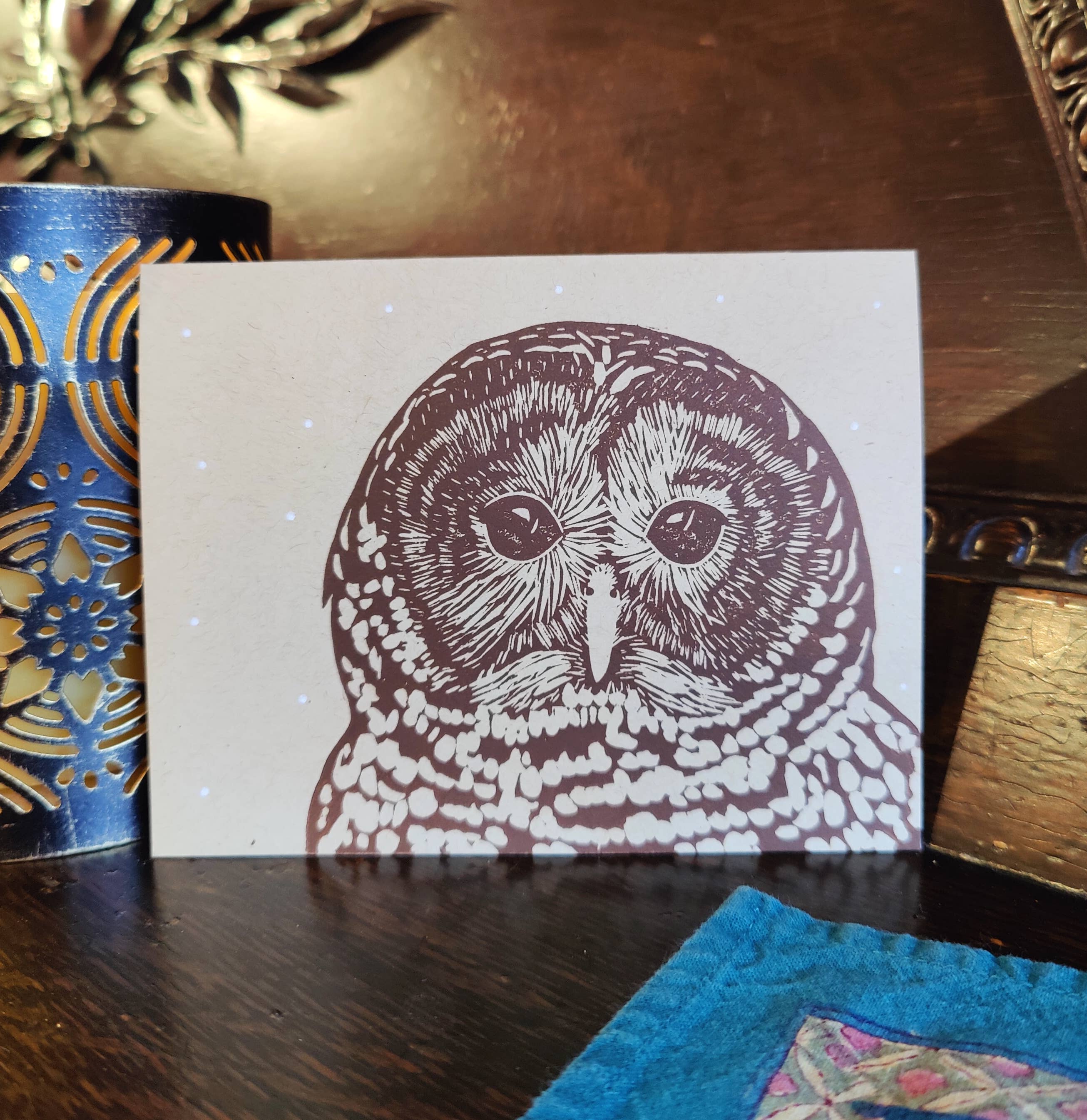 Winter Pickle Press - Wholesale Season's Greetings Card - Handprinted linocut barred owl holiday folded card1