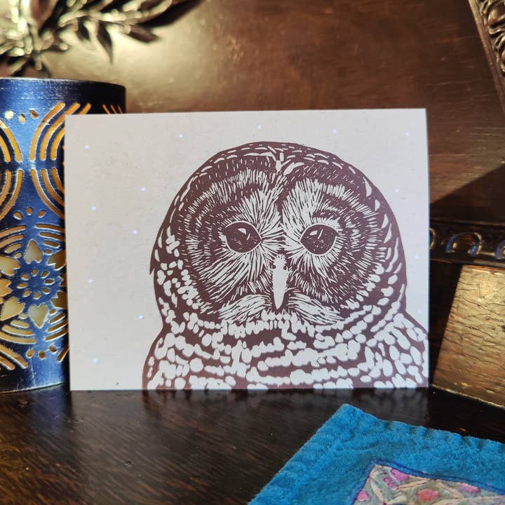 Winter Pickle Press - Wholesale Season's Greetings Card - Handprinted linocut barred owl holiday folded card1