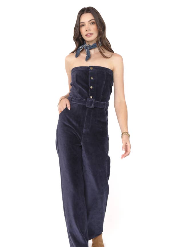Morrison Strapless Belted Jumpsuit : NAVY for wholesale by Sadie & Sage